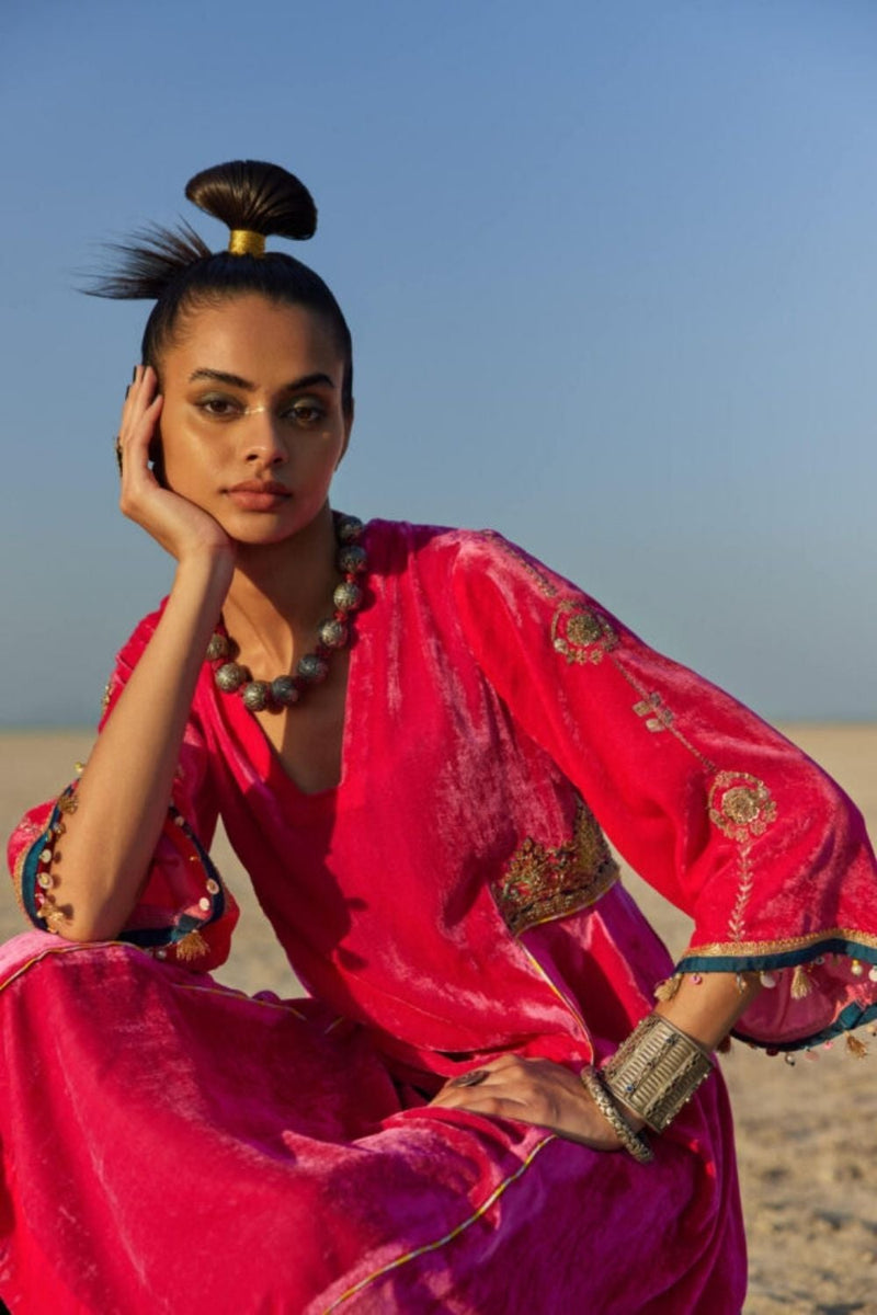 FUSHIA SIDE KALI SILK VELVET KURTA SET Kurta Sets by Rajiramniq for women Worldwide