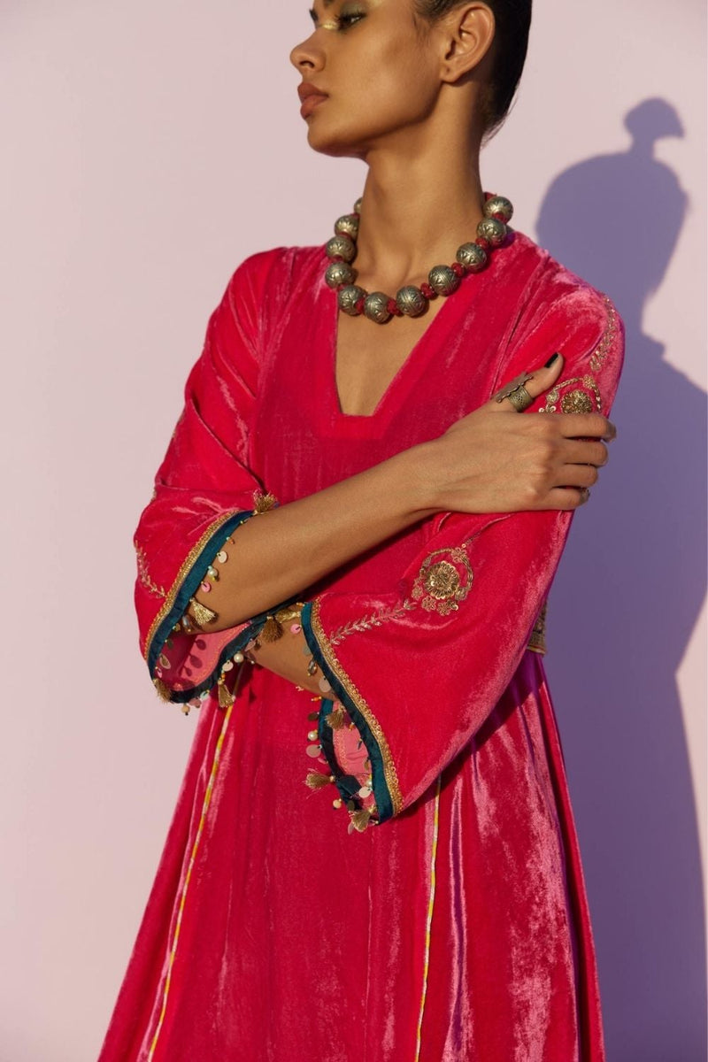 FUSHIA SIDE KALI SILK VELVET KURTA SET Kurta Sets by Rajiramniq for women Worldwide