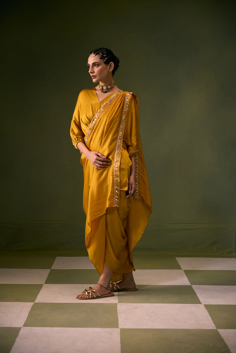 Moro Toga Drape Dress vegan satin, organza satin sarees by PRAHNAAYA in musturd yellow for women Worldwide