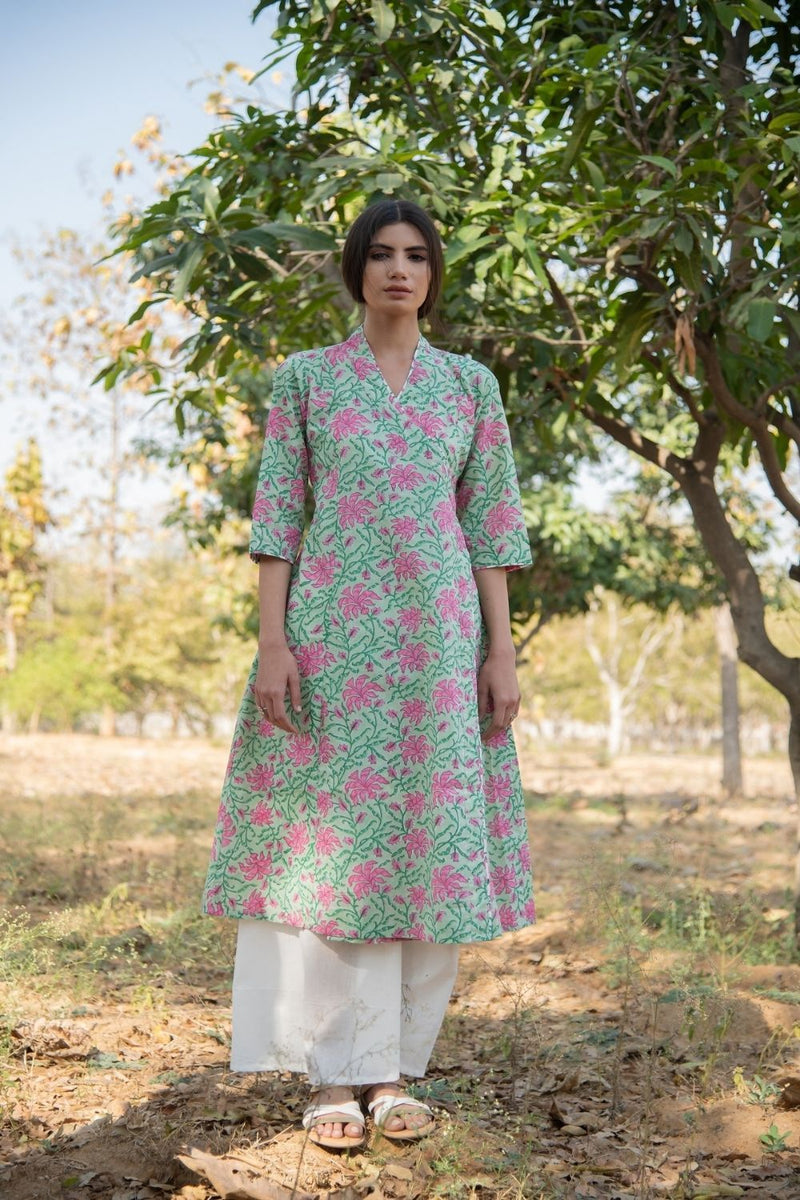 Green Gardenia wrap set-Green Pink Hand Block Printed Cotton Wrap Kurta with White Palazzo by Marche for women Worldwide