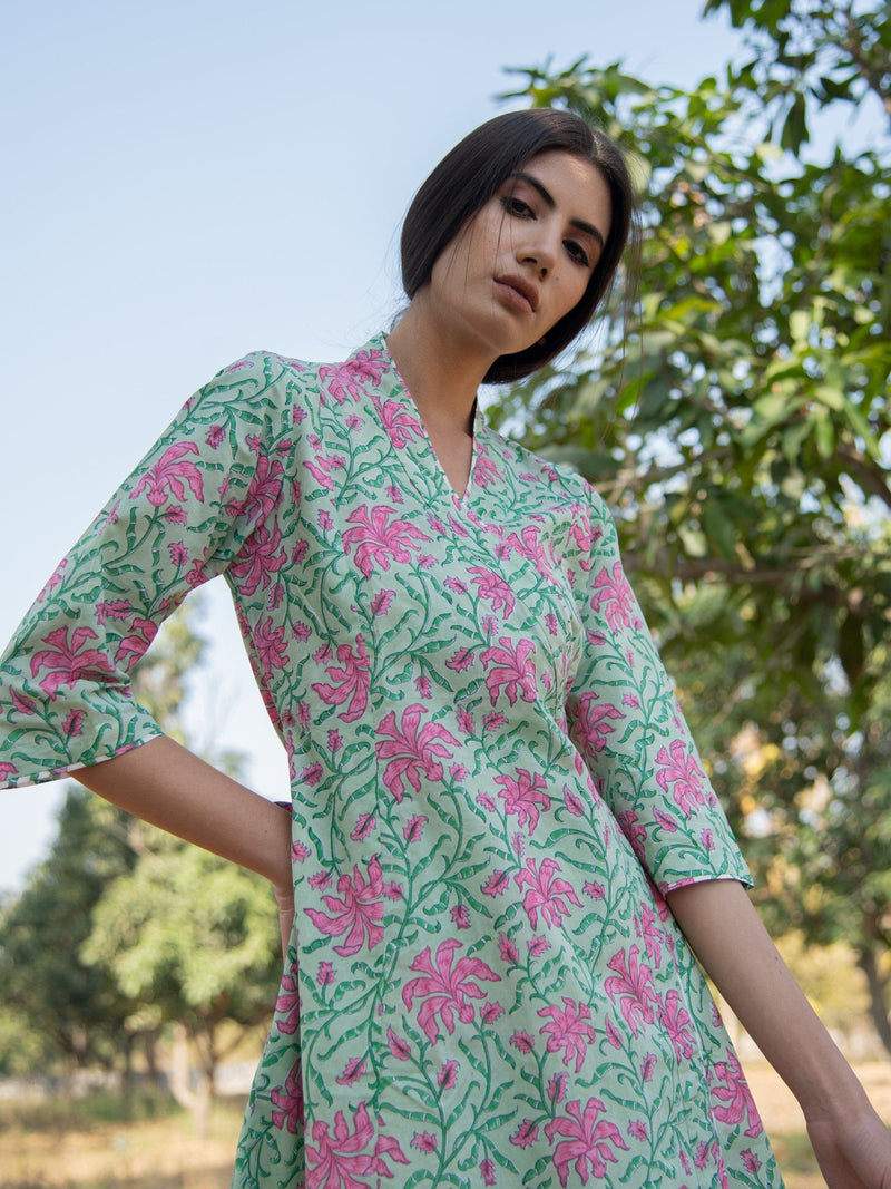 Green Gardenia wrap set-Green Pink Hand Block Printed Cotton Wrap Kurta with White Palazzo by Marche for women Worldwide