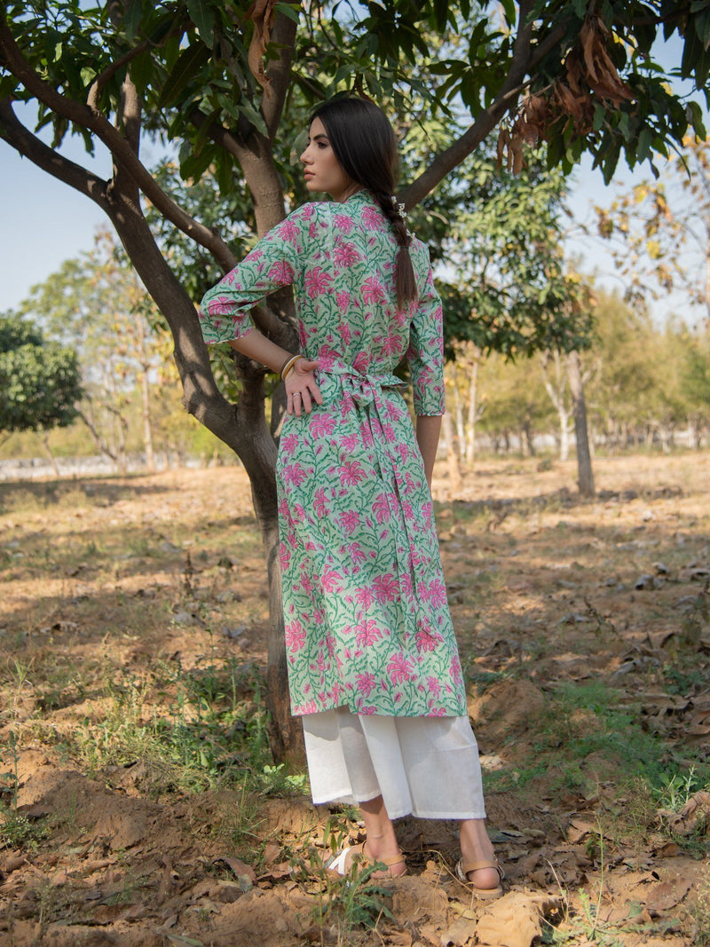 Green Gardenia wrap set-Green Pink Hand Block Printed Cotton Wrap Kurta with White Palazzo by Marche for women Worldwide