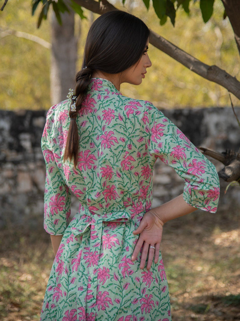 Green Gardenia wrap set-Green Pink Hand Block Printed Cotton Wrap Kurta with White Palazzo by Marche for women Worldwide