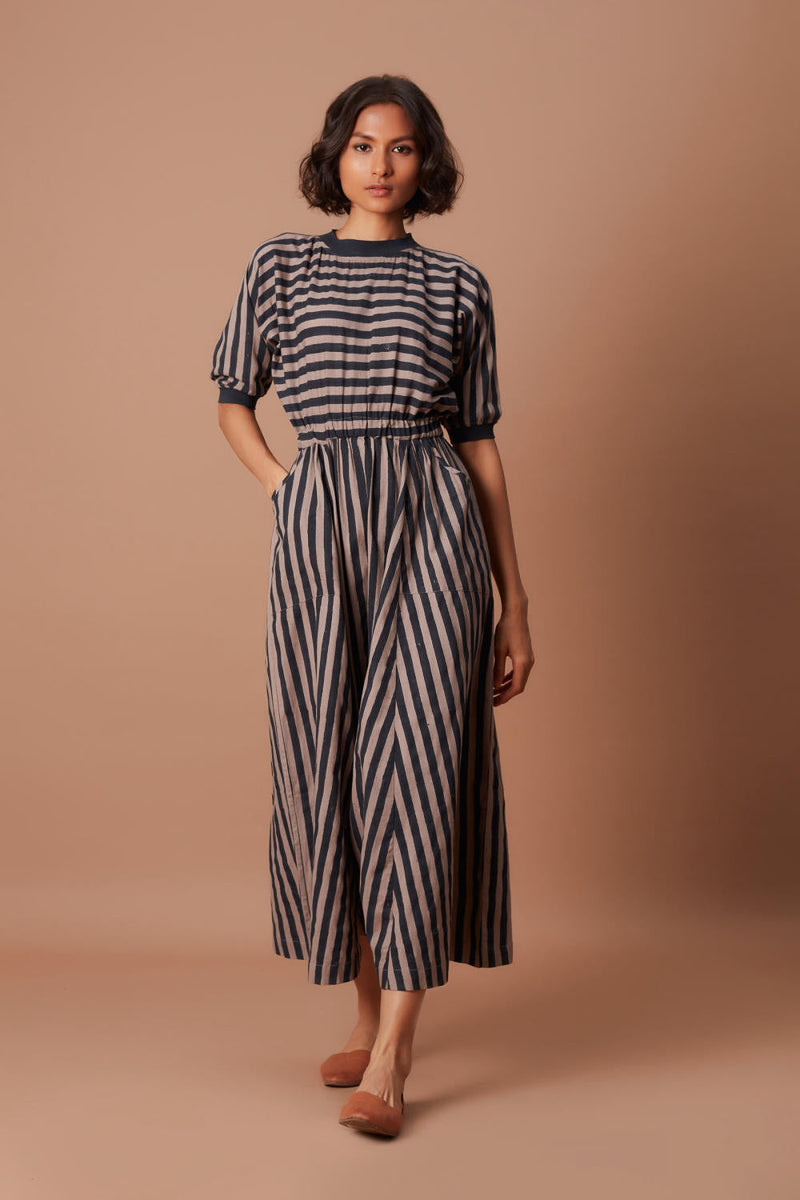 Grey and Charcoal Striped Mati Sphara Jumpsuit Jumpsuits by Mati for women Worldwide