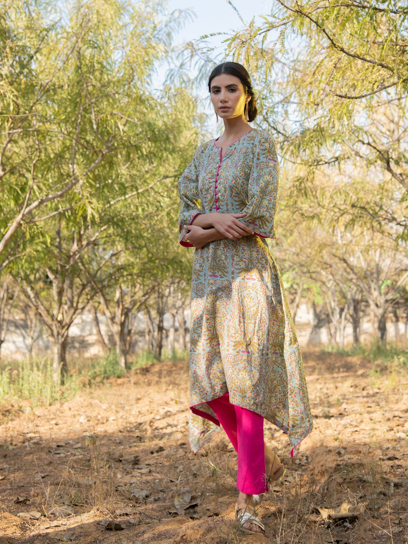 Grey Gardenia Kurta Set- Grey Hand Block Printed Cotton Asymmetric Kurta with Magenta Pants by Marche for women Worldwide