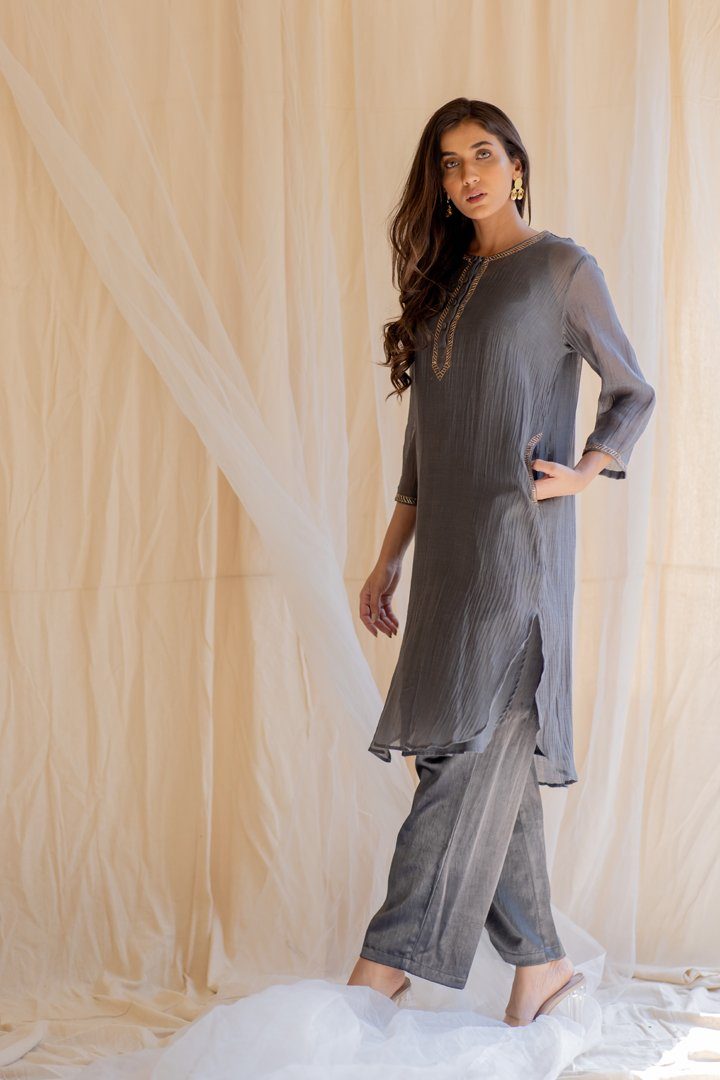 Grey Gul Seedh Kurta by Nirjara for women Worldwide