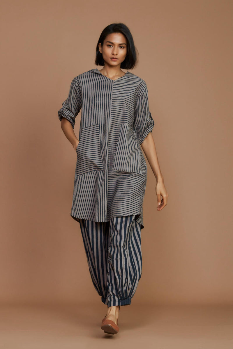 Grey With Charcoal Striped Hooded Co-Ord Set Co-ord Set,Dress by Mati for women Worldwide