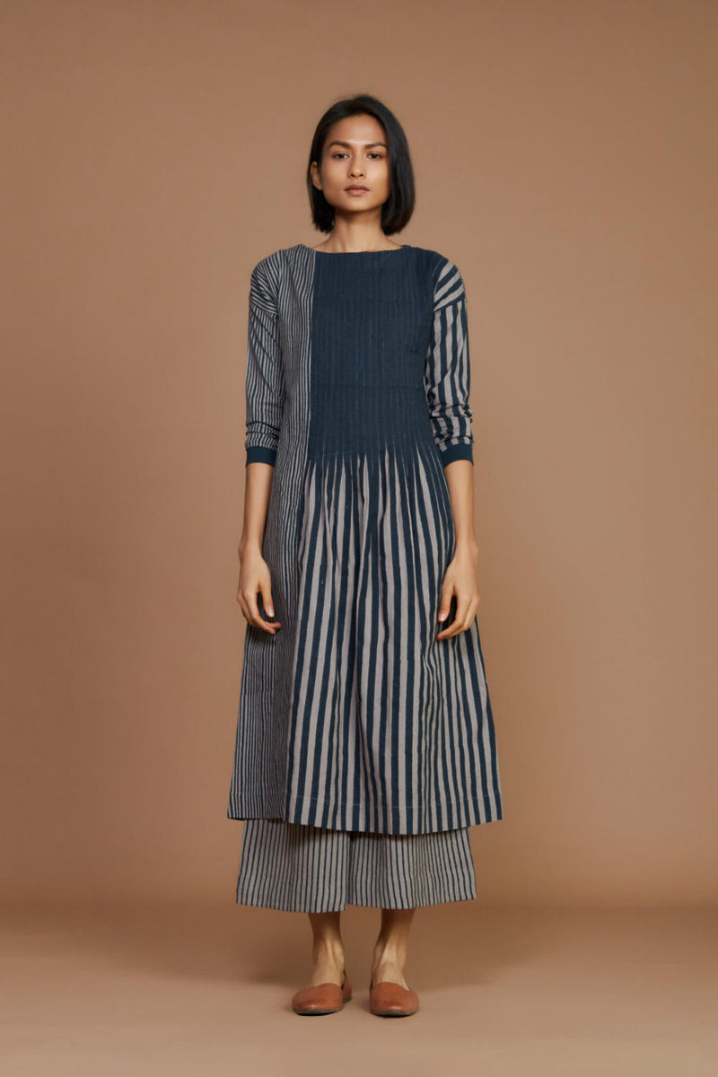 Grey With Charcoal Striped Pleated Co-Ord Set Co-ord Set by Mati for women Worldwide