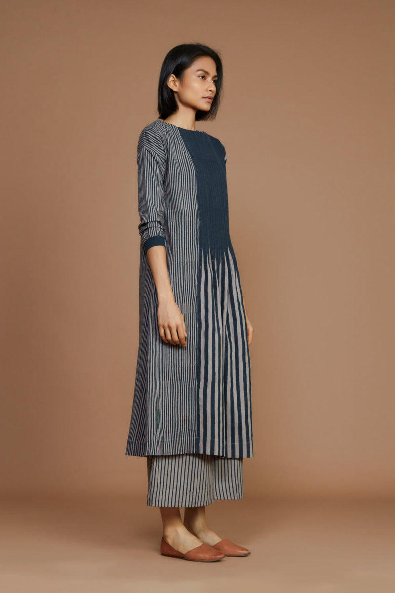 Grey With Charcoal Striped Pleated Co-Ord Set Co-ord Set by Mati for women Worldwide