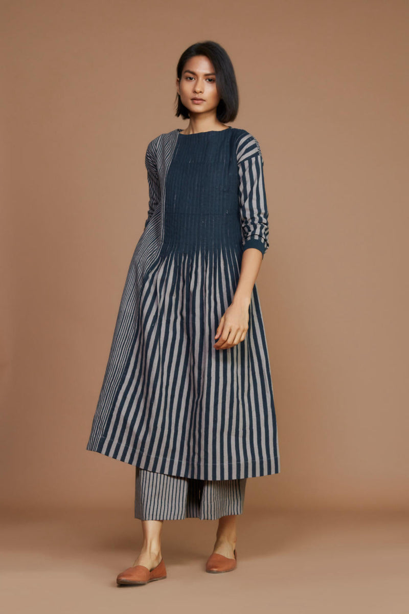 Grey With Charcoal Striped Pleated Co-Ord Set Co-ord Set by Mati for women Worldwide