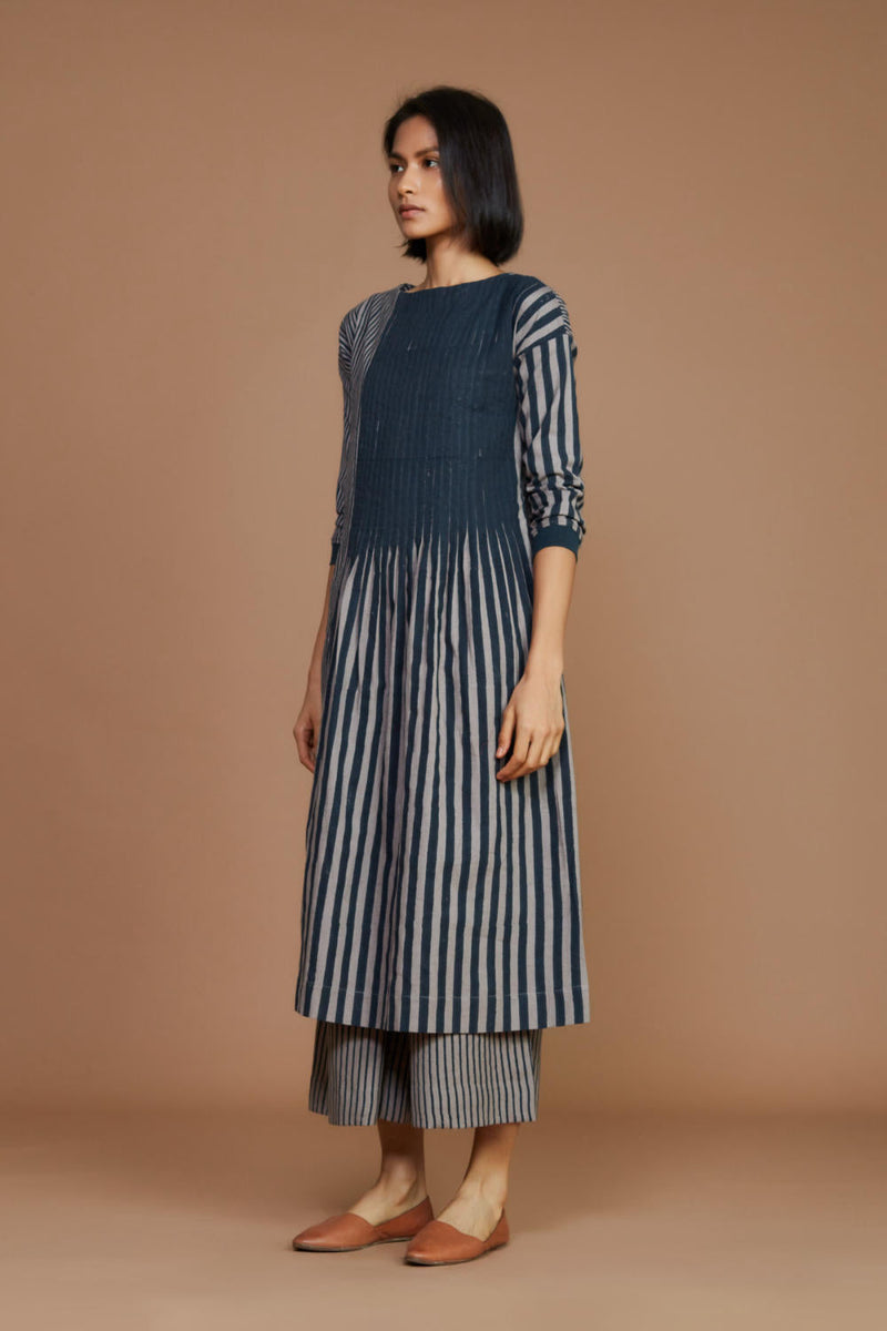 Grey With Charcoal Striped Pleated Co-Ord Set Co-ord Set by Mati for women Worldwide