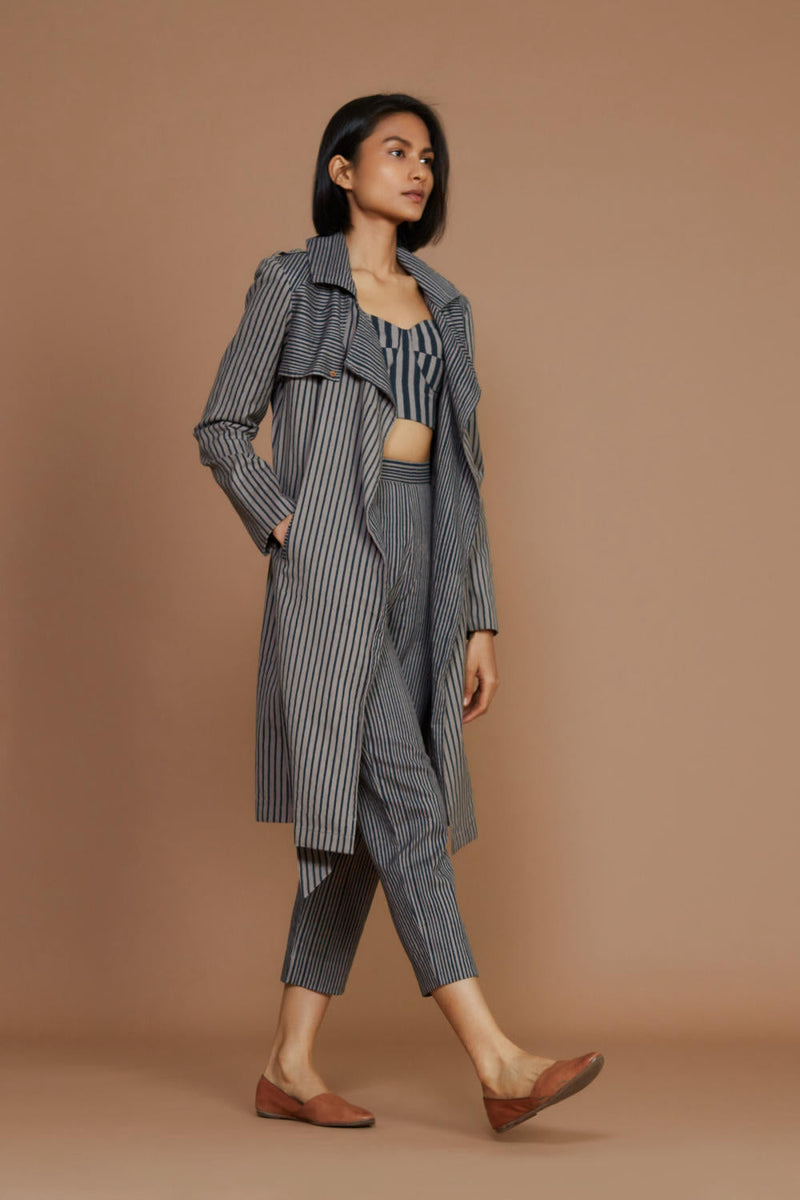 Grey with Charcoal Striped Trench & Corset Co-Ord Set Co-ord Set by Mati for women Worldwide