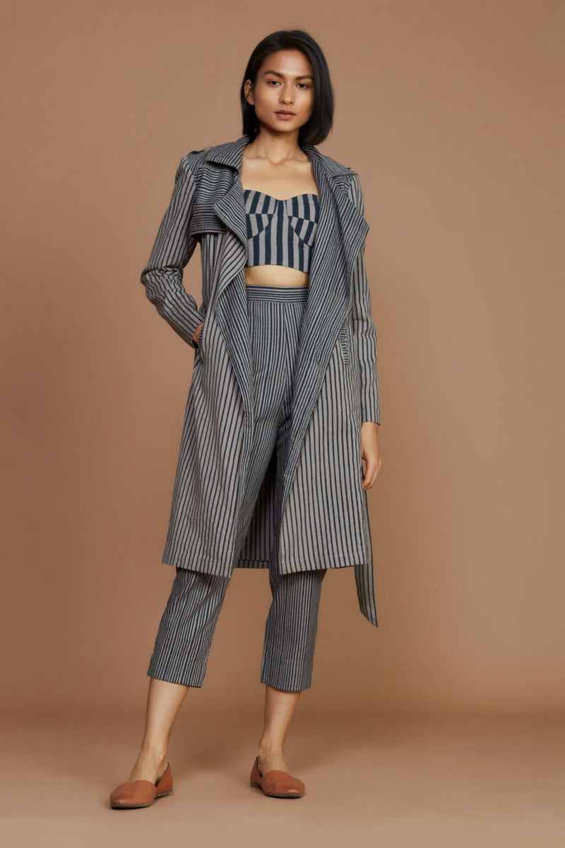 Grey with Charcoal Striped Trench & Corset Co-Ord Set Co-ord Set by Mati for women Worldwide