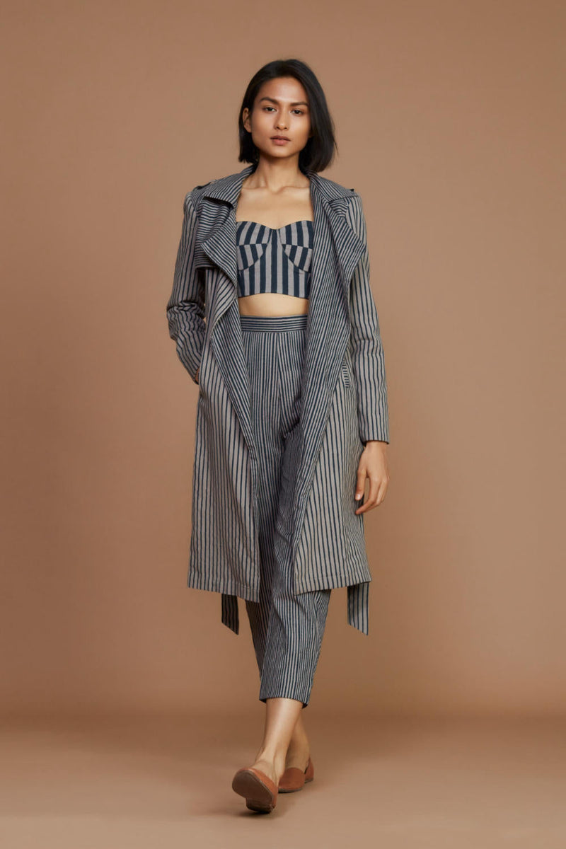Grey with Charcoal Striped Trench & Corset Co-Ord Set Co-ord Set by Mati for women Worldwide