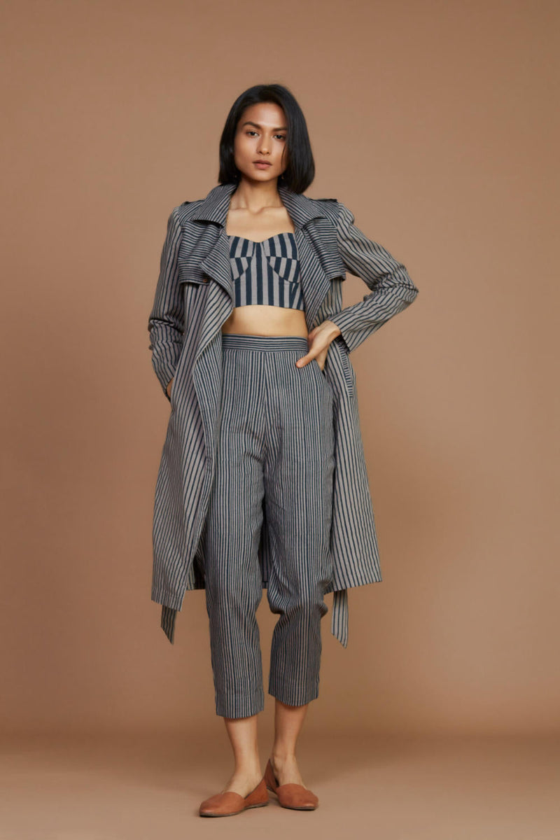 Grey with Charcoal Striped Trench & Corset Co-Ord Set Co-ord Set by Mati for women Worldwide
