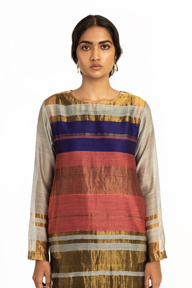Handoven Pink Blue Engineered Sheer Straight Kurta by Akaaro for women Worldwide