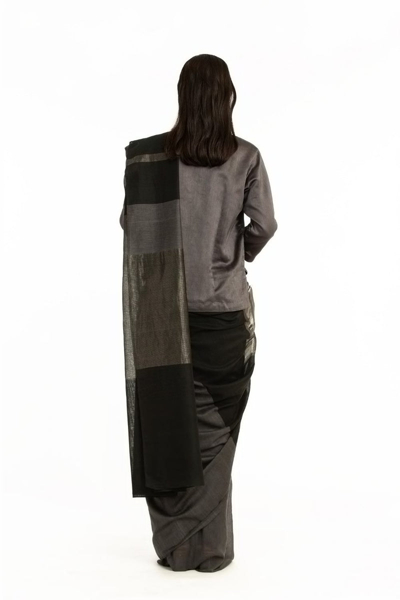 Handwovem Grey Black Engineered Cotton Saree by Akaaro for women Worldwide