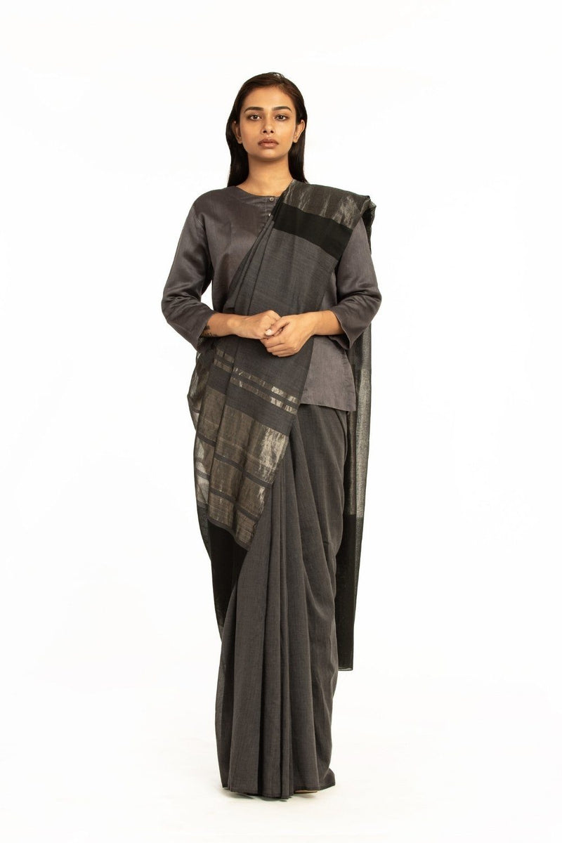 Handwovem Grey Black Engineered Cotton Saree by Akaaro for women Worldwide
