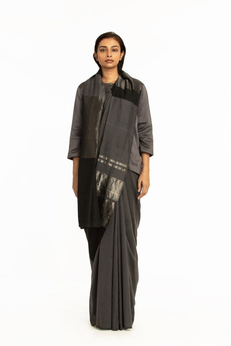 Handwovem Grey Black Engineered Cotton Saree by Akaaro for women Worldwide