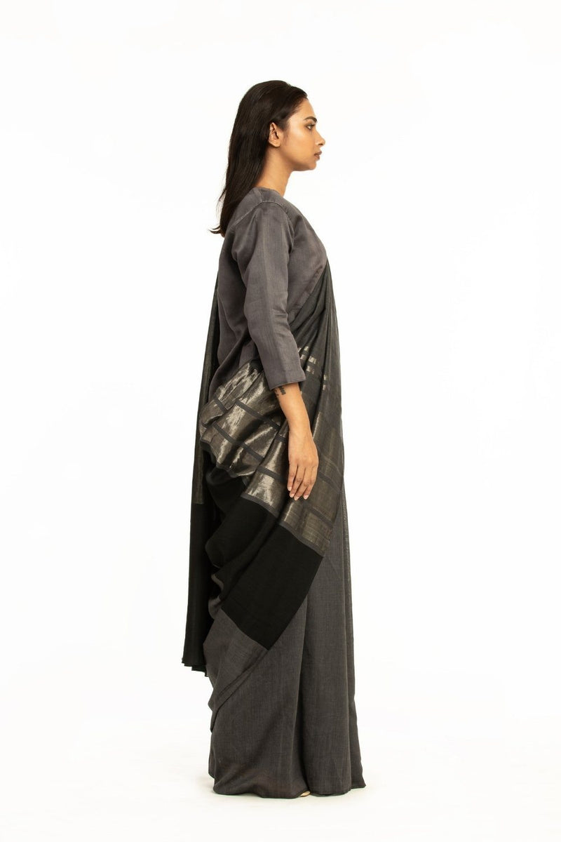 Handwovem Grey Black Engineered Cotton Saree by Akaaro for women Worldwide