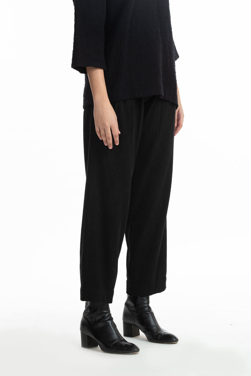 Handwoven Balck Pintuck Panelled Trousers by Akaaro for women Worldwide