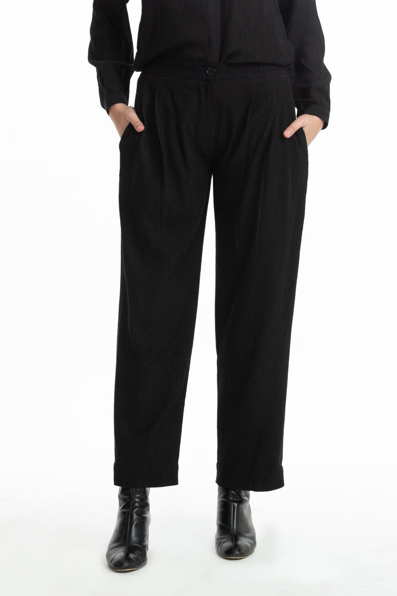 Handwoven Balck Pintuck Panelled Trousers by Akaaro for women Worldwide