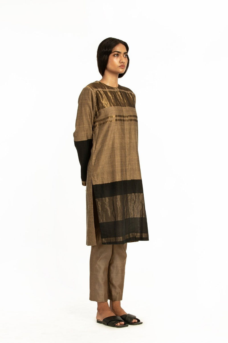 Handwoven Beige Black Engineered Front Placket Tunic by Akaaro for women Worldwide