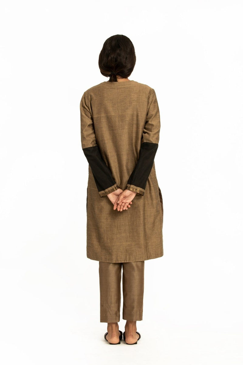 Handwoven Beige Black Engineered Front Placket Tunic by Akaaro for women Worldwide