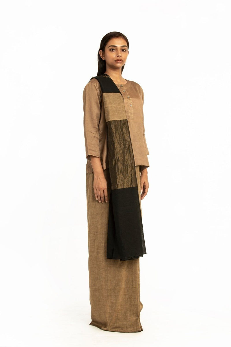 Handwoven Beige Brown Engineered Cotton Saree by Akaaro for women Worldwide