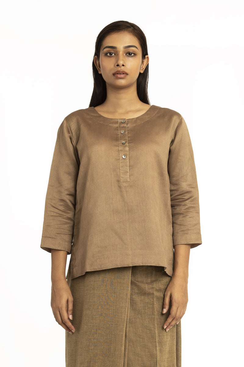 Handwoven Beige Short Placket Kameez Blouse by Akaaro for women Worldwide
