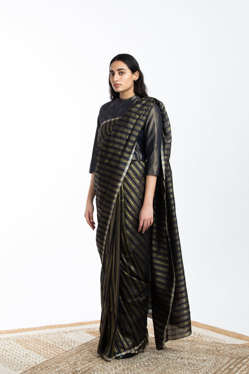 Handwoven Black Brown Gold Striped Silk Sareee by Akaaro for women Worldwide