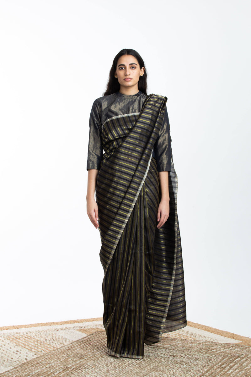 Handwoven Black Brown Gold Striped Silk Sareee by Akaaro for women Worldwide