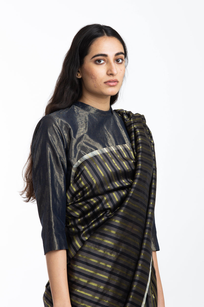 Handwoven Black Brown Gold Striped Silk Sareee by Akaaro for women Worldwide