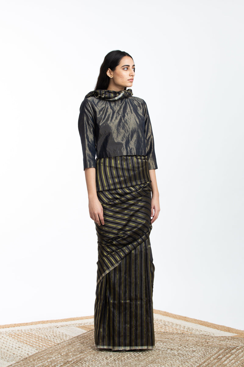 Handwoven Black Brown Gold Striped Silk Sareee by Akaaro for women Worldwide