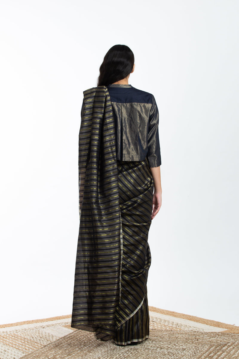 Handwoven Black Brown Gold Striped Silk Sareee by Akaaro for women Worldwide