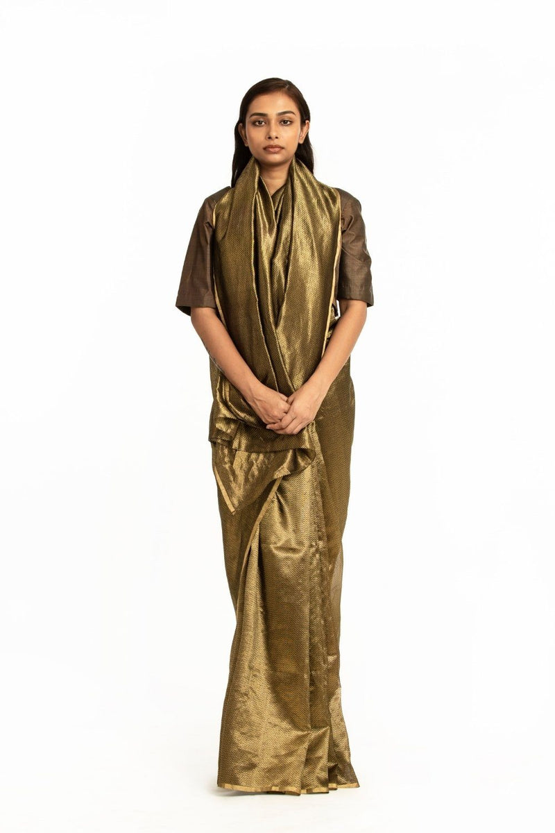 Handwoven Black Gold Metallic Chevron Saree by Akaaro for women Worldwide