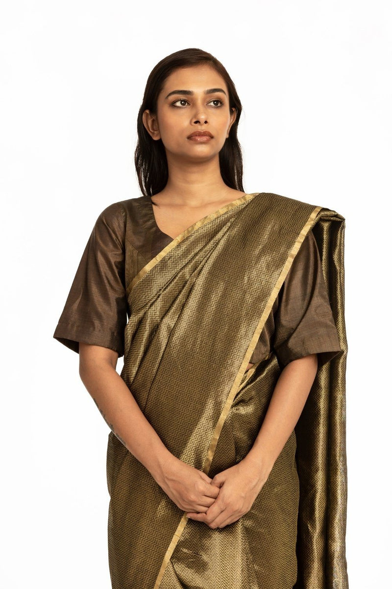 Handwoven Black Gold Metallic Chevron Saree by Akaaro for women Worldwide