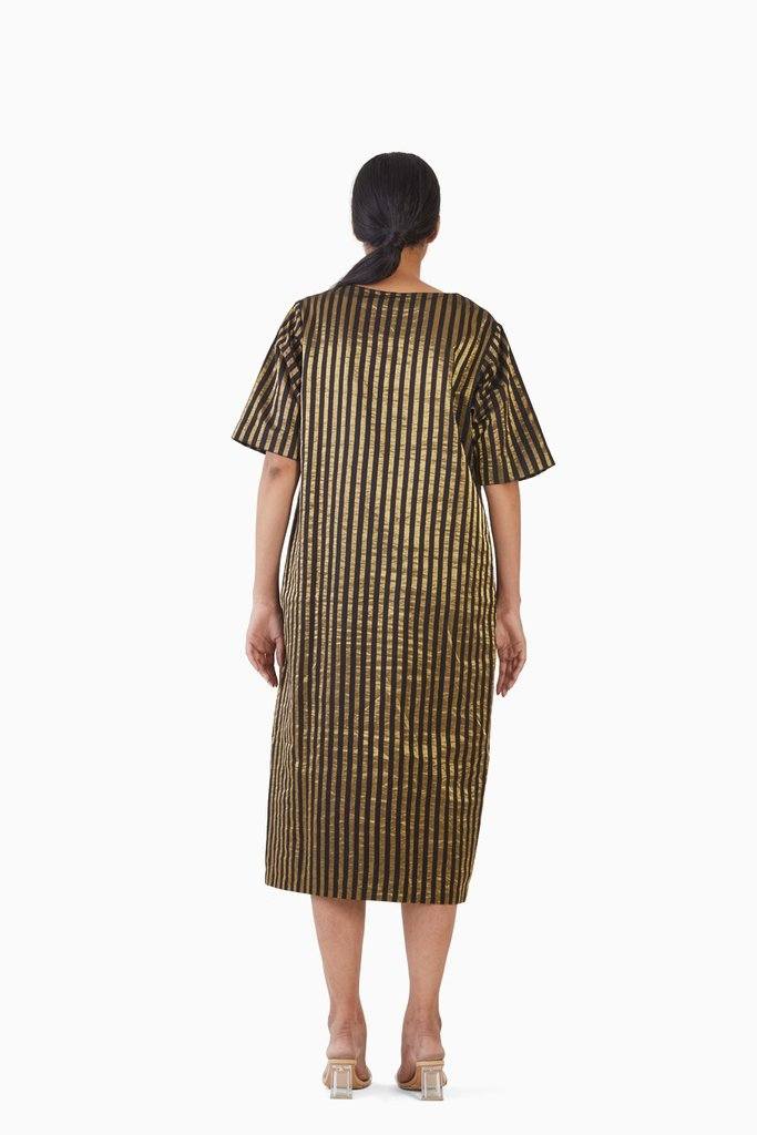 Handwoven Black Gold Striped Metallic Dress by Akaaro for women Worldwide