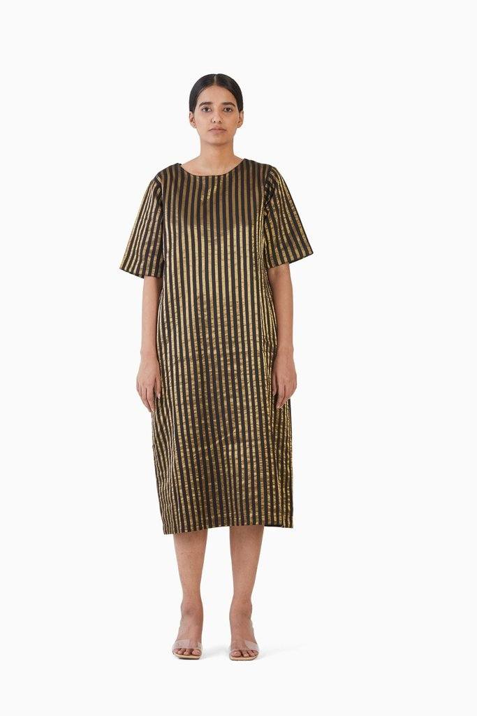 Handwoven Black Gold Striped Metallic Dress by Akaaro for women Worldwide
