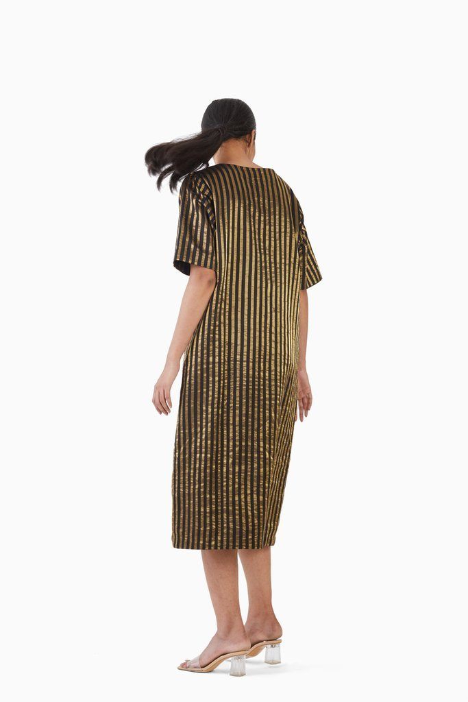 Handwoven Black Gold Striped Metallic Dress by Akaaro for women Worldwide