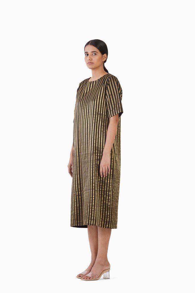 Handwoven Black Gold Striped Metallic Dress by Akaaro for women Worldwide