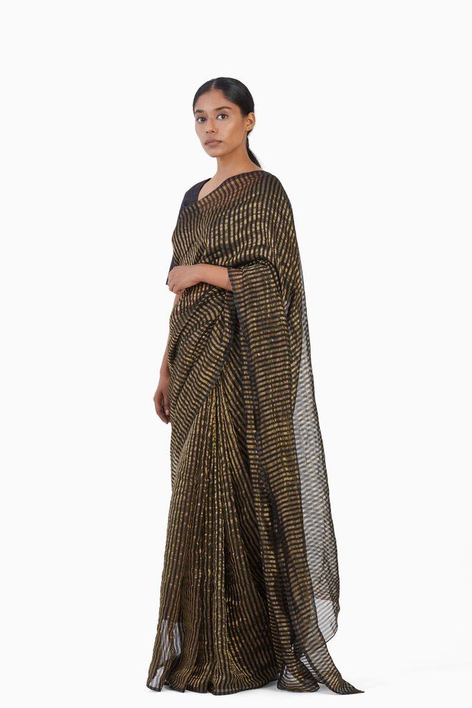 Handwoven Black Gold Striped Silk Zari Saree All Black by Akaaro for women Worldwide