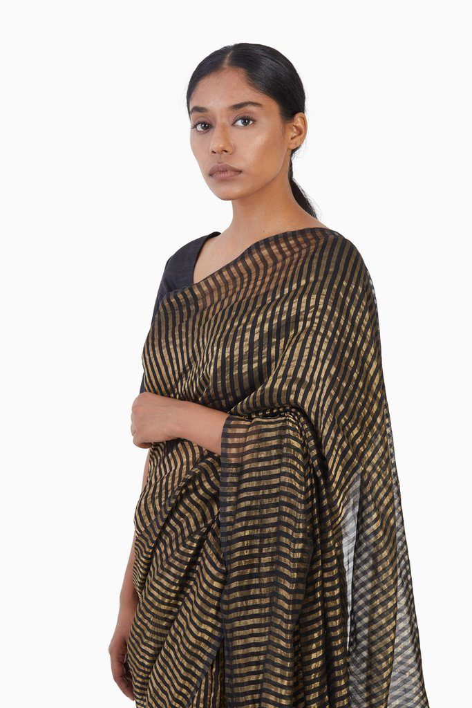 Handwoven Black Gold Striped Silk Zari Saree All Black by Akaaro for women Worldwide