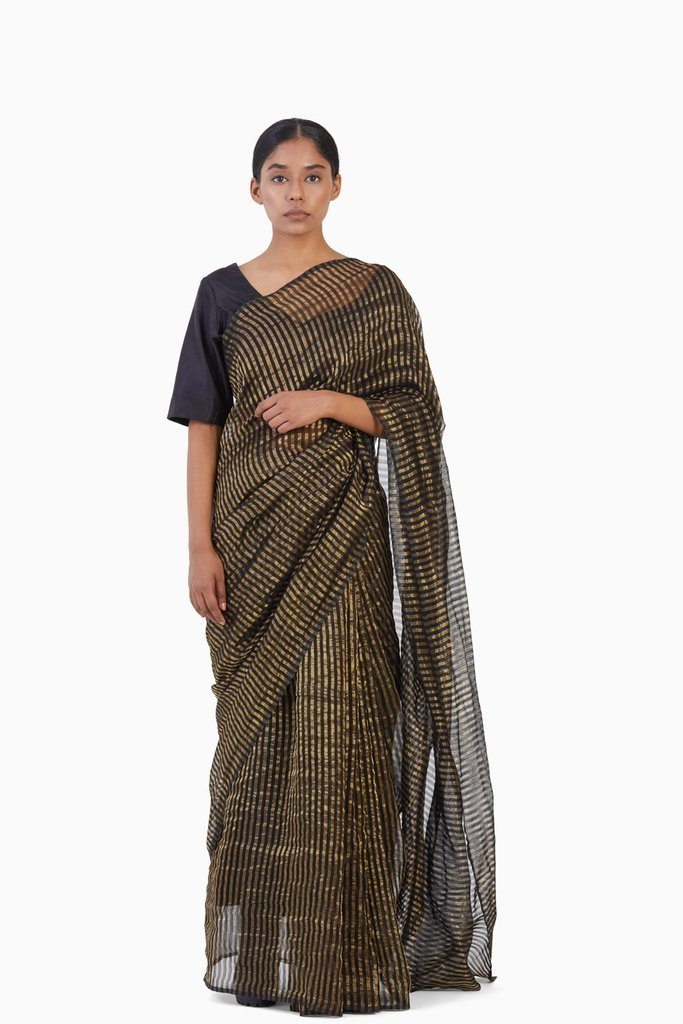 Handwoven Black Gold Striped Silk Zari Saree All Black by Akaaro for women Worldwide