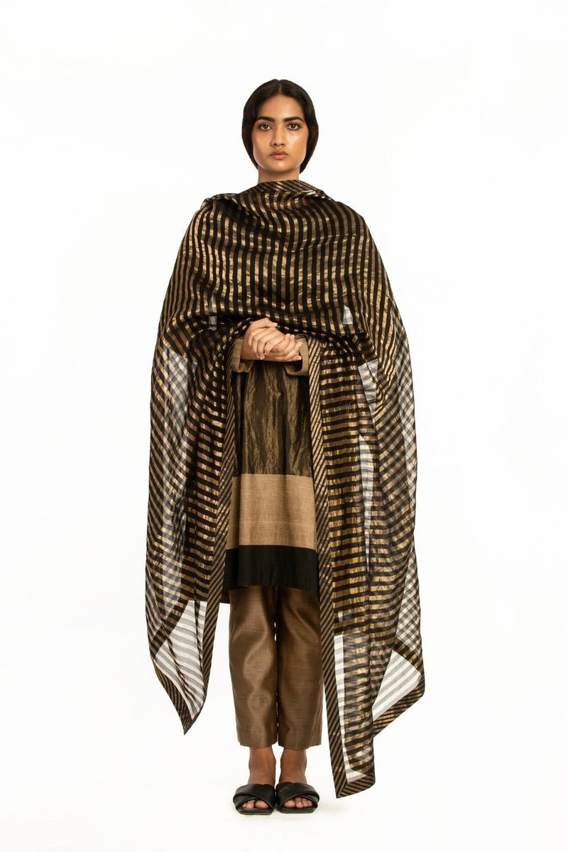 Handwoven Black Gold Striped Sillk Zari Dupatta by Akaaro for women Worldwide