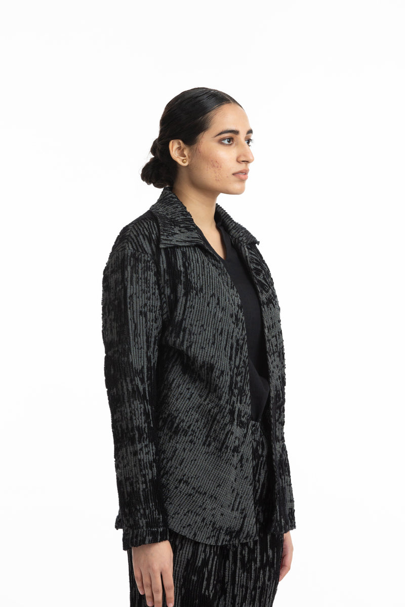 Handwoven Black Grey Merino Wool Collared jacket by Akaaro for women Worldwide