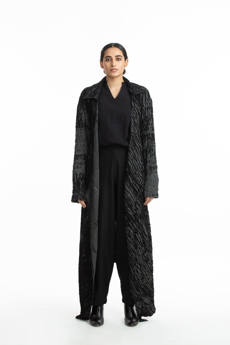 Handwoven Black Grey Merino Wool Long Coat by Akaaro for women Worldwide