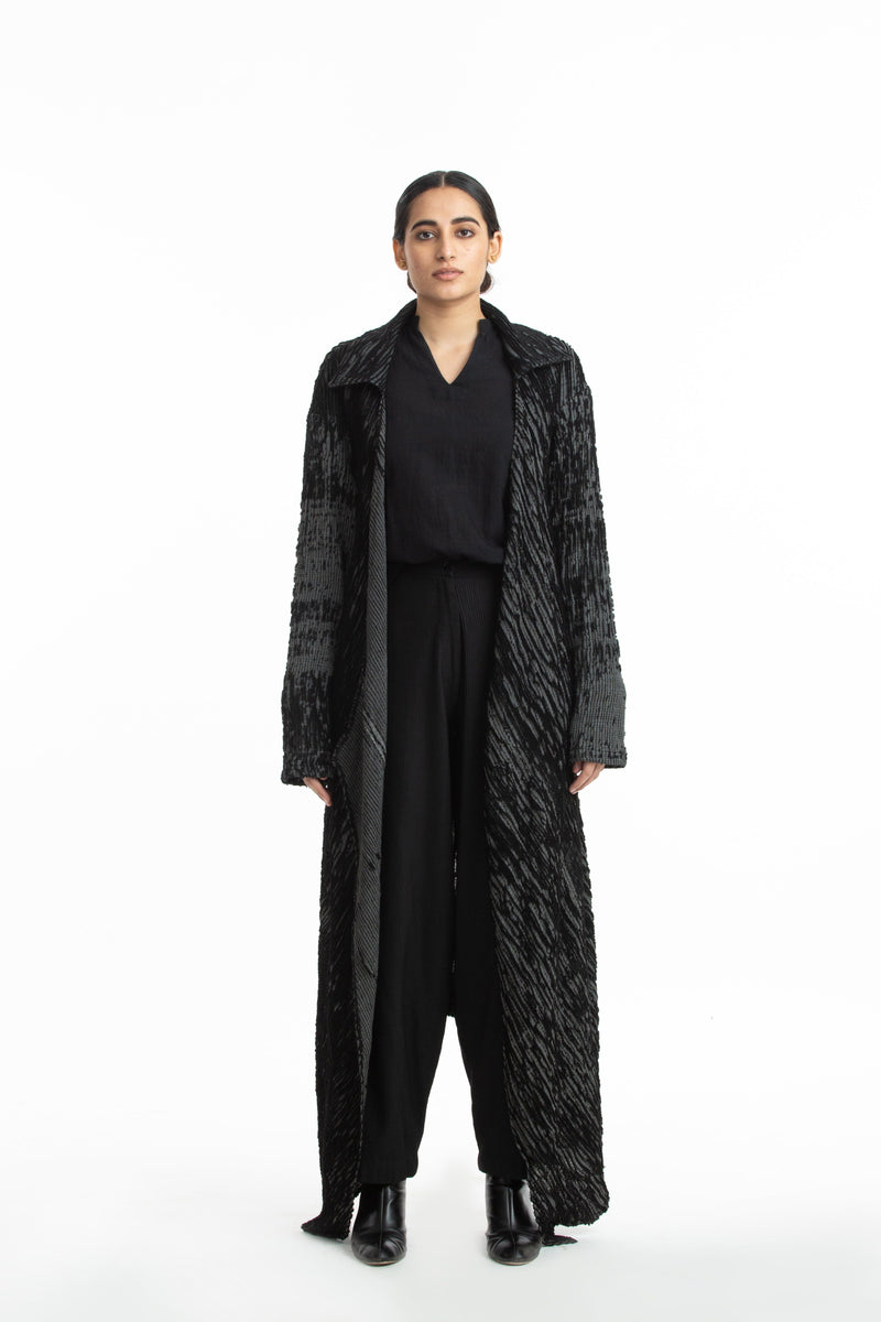 Handwoven Black Grey Merino Wool Long Coat by Akaaro for women Worldwide