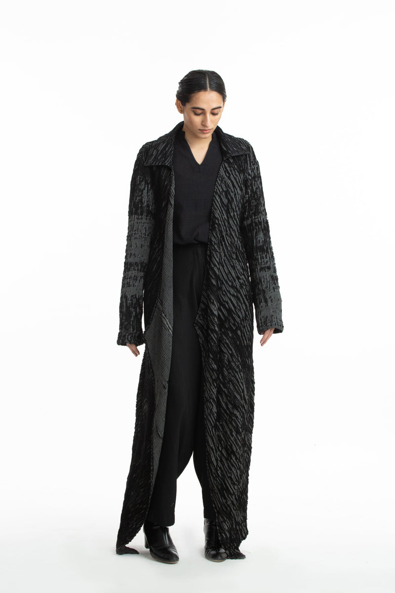 Handwoven Black Grey Merino Wool Long Coat by Akaaro for women Worldwide