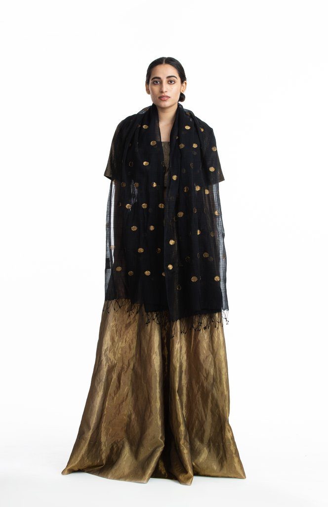 Handwoven Black Jamdani Cotton Silk Scarf by Akaaro for women Worldwide